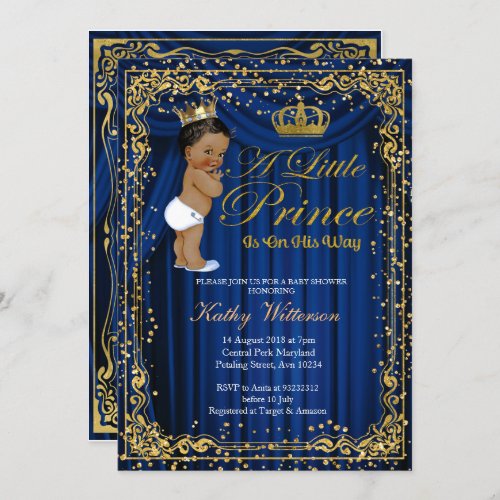 Navy Blue Gold Glitter Prince Baby Shower invite
