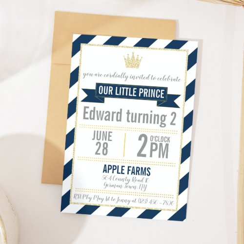 Navy Blue Gold Glitter Prince Birthday Invitation