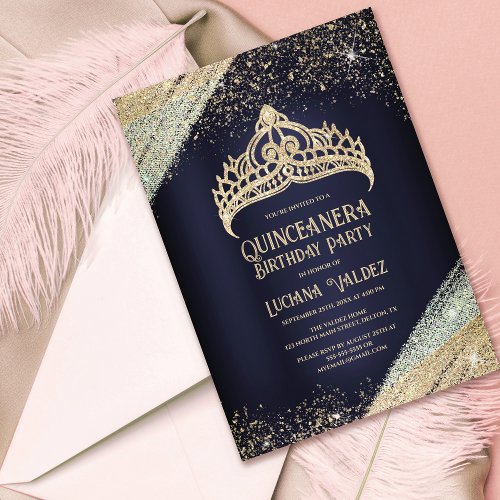 Navy Blue Gold Glitter Princess Tiara Quinceaera Invitation