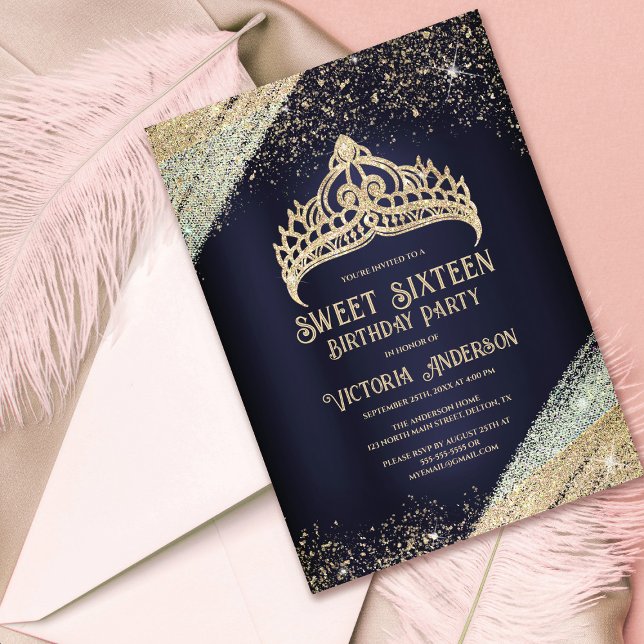 Navy Blue Gold Glitter Princess Tiara Sweet 16 Inv Invitation (Creator Uploaded)