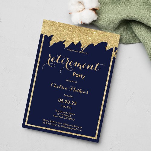 Navy blue gold glitter Retirement Party Invitation