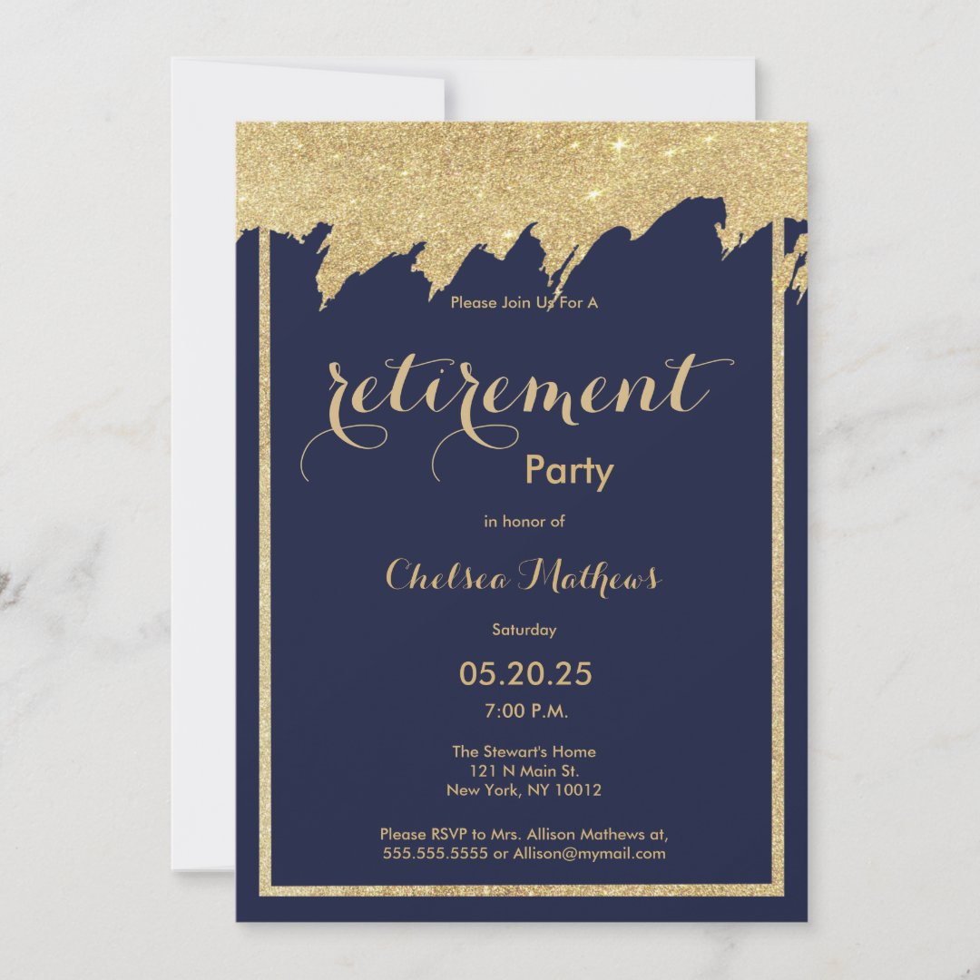 Navy blue gold glitter Retirement Party Invitation | Zazzle