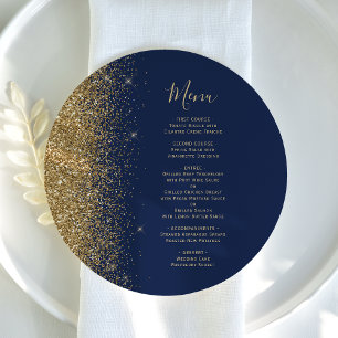 Navy Blue Gold Glitter Round Wedding Menu