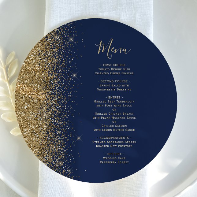 Navy Blue Gold Glitter Round Wedding Menu (Creator Uploaded)