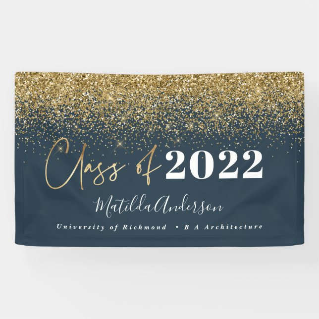 navy blue gold glitter script class of graduation banner (Horizontal)