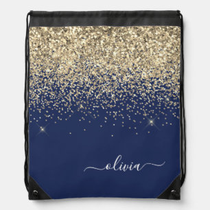 Navy Blue Gold Glitter Script Monogram Name Drawstring Bag