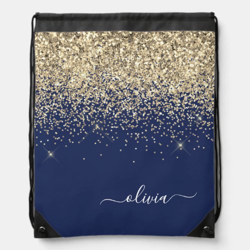 Navy Blue Gold Glitter Script Monogram Name Drawstring Bag