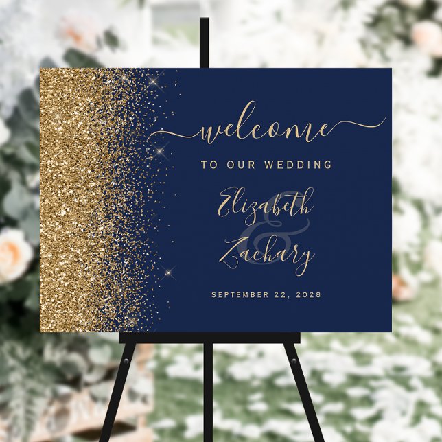 Navy Blue Gold Glitter Script Wedding Welcome Sign (Creator Uploaded)