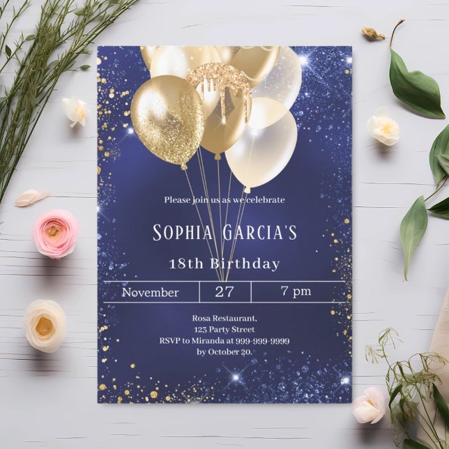 Navy blue gold glitter sparkle balloons birthday invitation (Creator Uploaded)