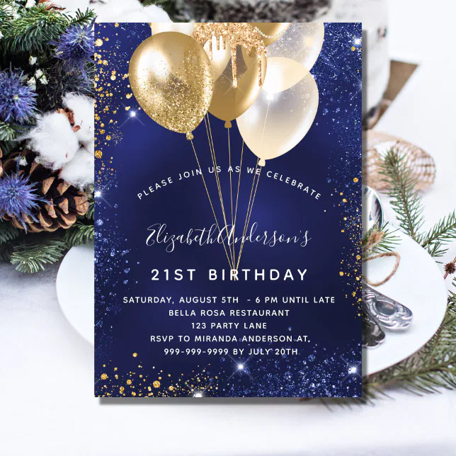 Navy Blue Gold Glitter Sparkle Balloons Birthday Invitation Zazzle 8930