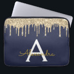 Navy Blue Gold Glitter Sparkle Monogram Laptop Sleeve<br><div class="desc">Navy Blue and Gold Faux Dripping Modern and Elegant Girly Glitter and Sparkle Elegant Monogram Case. This case can be customized to include your initial and first name.</div>