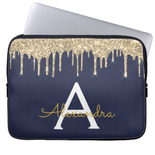 Navy Blue Gold Glitter Sparkle Monogram Laptop Sleeve