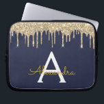 Navy Blue Gold Glitter Sparkle Monogram Laptop Sleeve<br><div class="desc">Navy Blue and Gold Faux Dripping Modern and Elegant Girly Glitter and Sparkle Elegant Monogram Case. This case can be customized to include your initial and first name.</div>