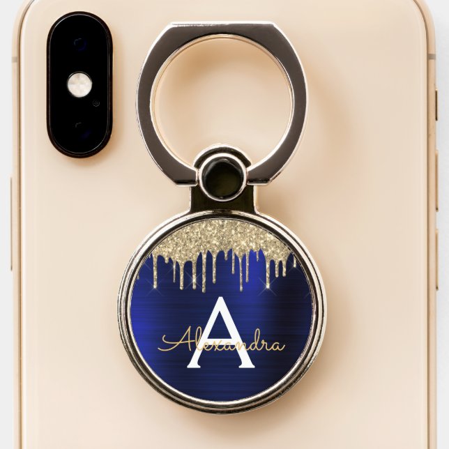 Navy Blue Gold Glitter Sparkle Monogram Phone Ring Stand (Close Up)