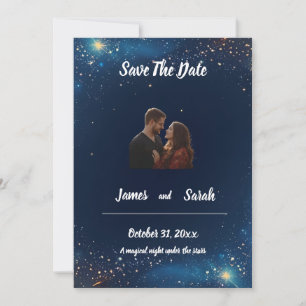 Navy Blue Gold Glitter Starry Night Sky Save The Date