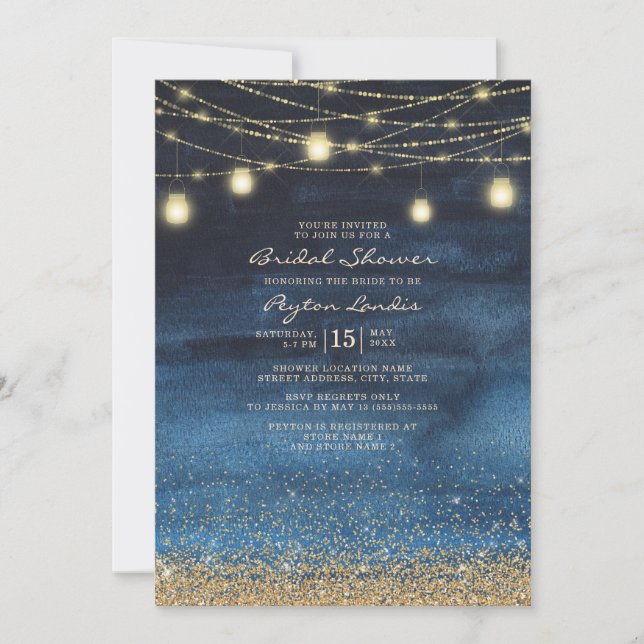 Navy Blue Gold Glitter String Light Bridal Shower Invitation (Front)