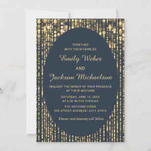 Navy Blue Gold Glitter String Light Wedding Invitation