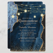 Navy Blue Gold Glitter String Lights Quinceañera Invitation (Front/Back)