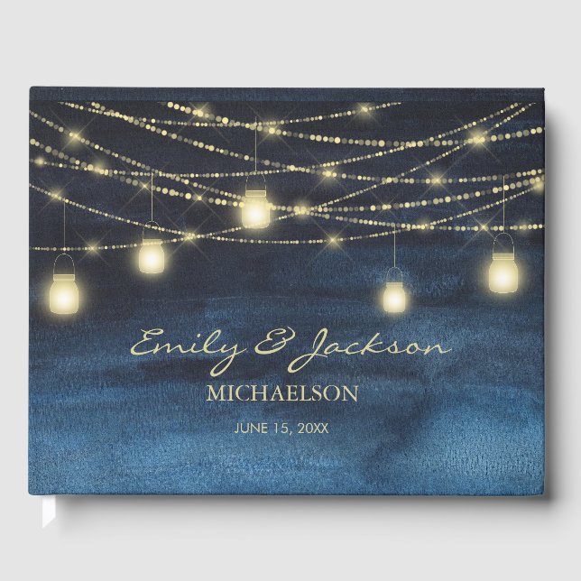 Navy Blue Gold Glitter String Lights Wedding Guest Book (Front)