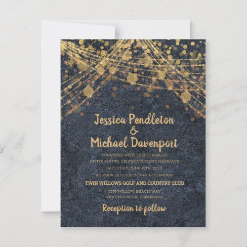 Navy Blue Gold Glitter String Lights Wedding Invitation