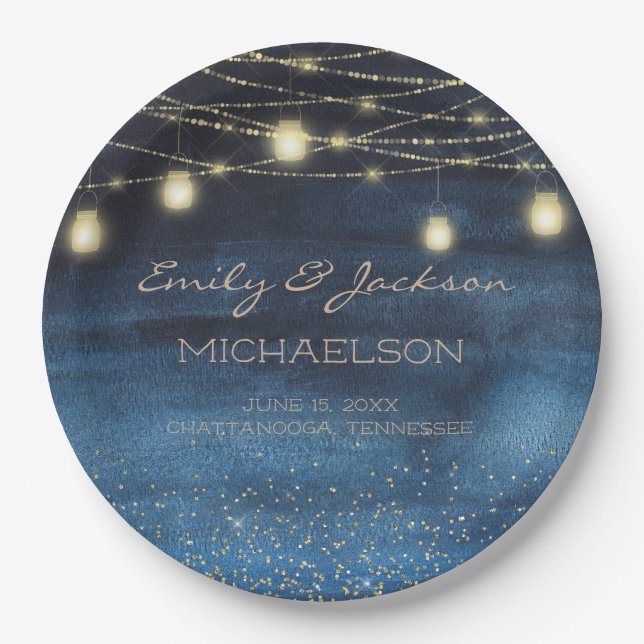Navy Blue Gold Glitter String Lights Wedding Paper Plates (Front)