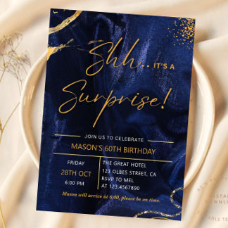 Navy Blue Gold Glitter Surprise 60th Birthday Invitation