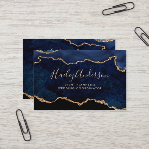 Navy Blue  Gold Glitter Watercolor Gilded Agate Business Card