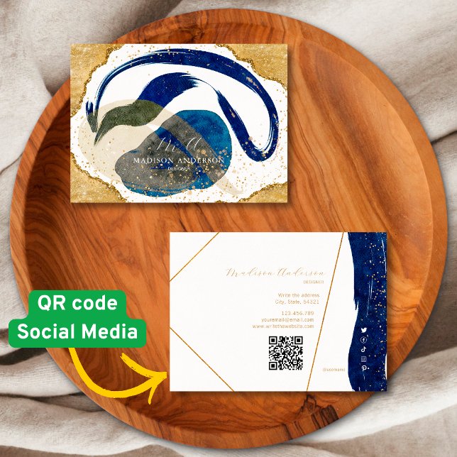 Navy Blue Gold Glitter Website QR Code Business Card (Creator Uploaded)