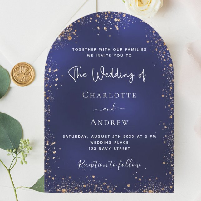 Navy blue gold glitter wedding arch invitation (Creator Uploaded)