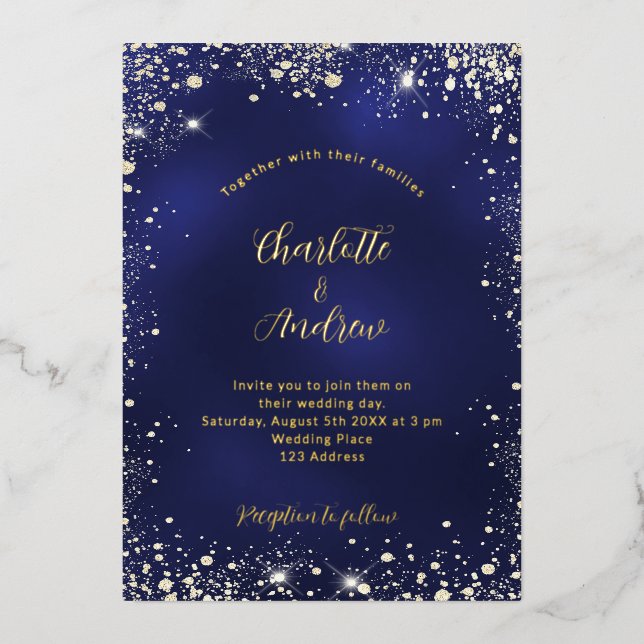Navy blue gold glitter wedding foil invitation (Front)