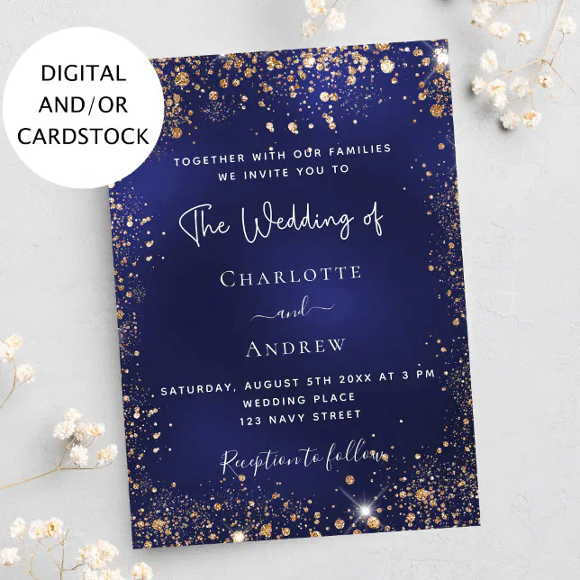 Navy blue gold glitter wedding invitation | Zazzle