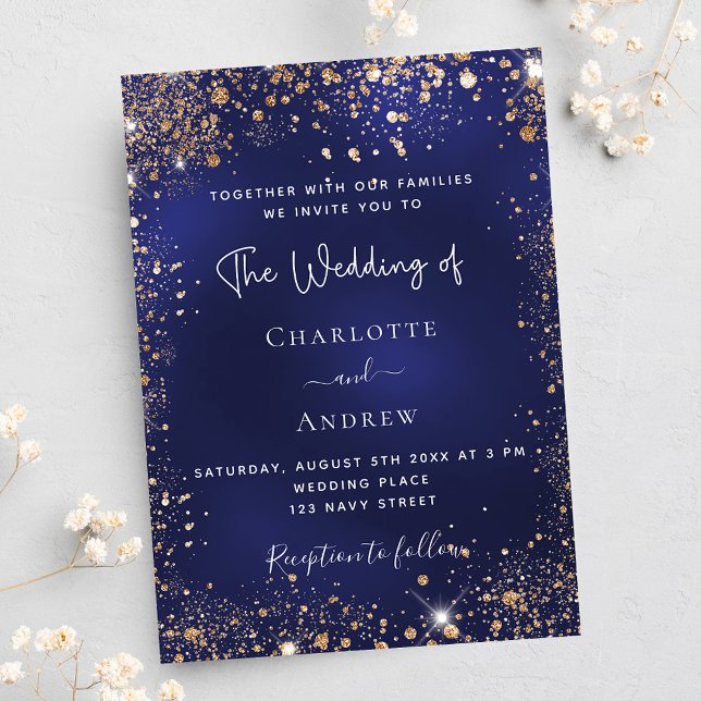 Navy blue gold glitter wedding invitation postcard (Creator Uploaded)