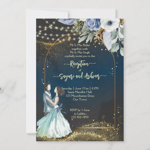 Navy blue gold glitter wedding reception invitation