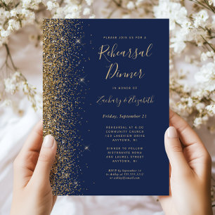 Navy Blue Gold Glitter Wedding Rehearsal Dinner Invitation