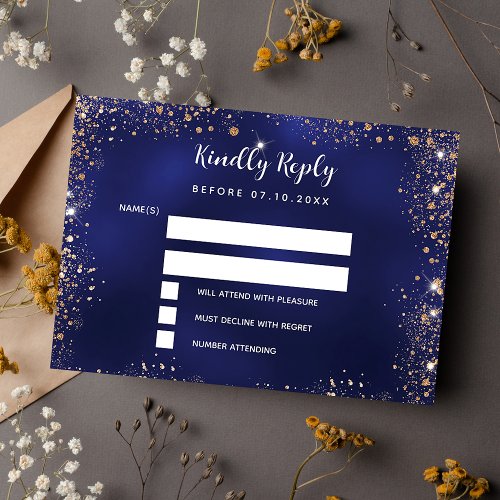 Navy blue gold glitter wedding RSVP Note Card