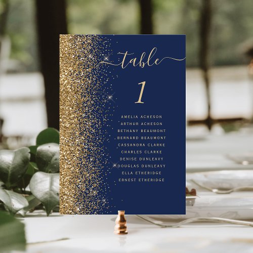 Navy Blue Gold Glitter Wedding Table Number