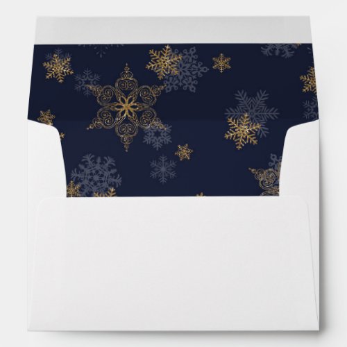 Navy Blue Gold GlitterSnowflakes Liner White Envelope