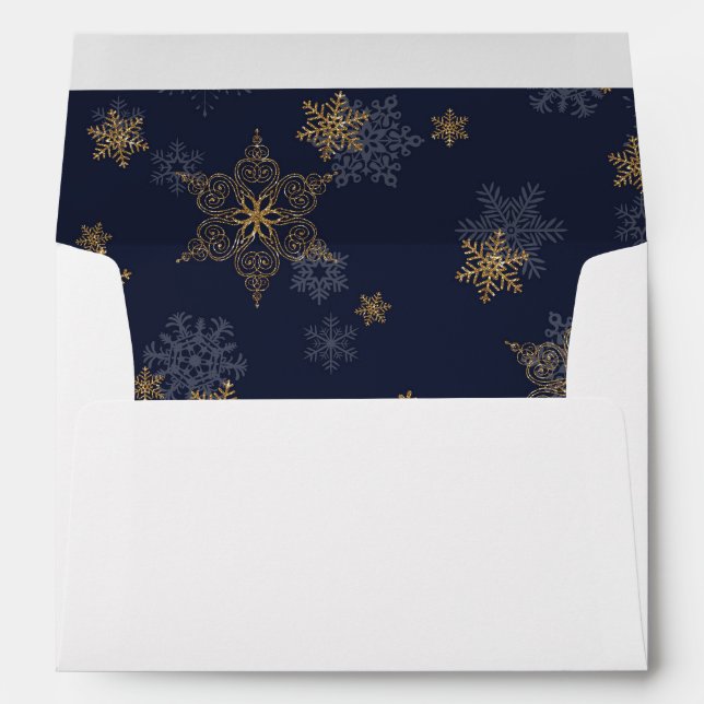 Navy Blue Gold GlitterSnowflakes Liner White Envelope (Back (Bottom))