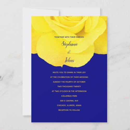 Navy Blue Gold Golden Yellow Rose Floral Wedding Invitation