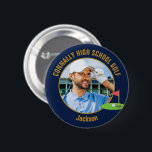 Navy Blue Gold Golfer Photo High School Golf Team Button<br><div class="desc">This cool customized high school golf team photo gift features gold typography of your golfer name on a navy blue button with a cute golfing icon. Personalize with your student's photograph and class year as a proud sports parent. A mom and dad can wear these buttons to sports games.</div>