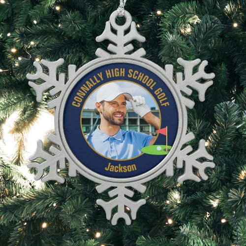Navy Blue Gold Golfer Photo High School Golf Team Snowflake Pewter Christmas Ornament