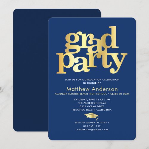Navy Blue Gold Grad Cap Bold Typography Minimal Invitation