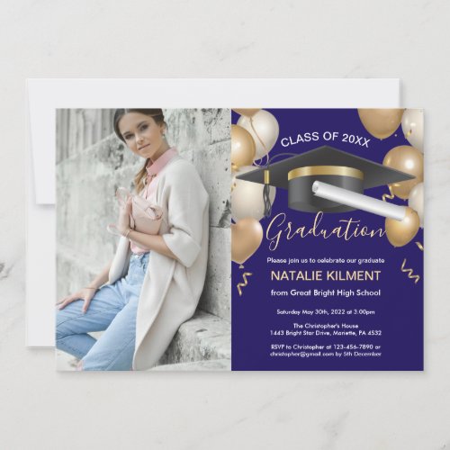 Navy Blue Gold Graduate Cap Graduation Party Photo Invitation