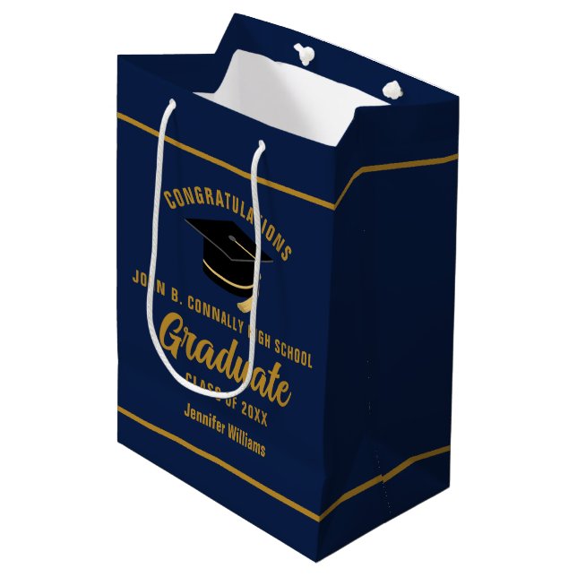 Navy Blue Gold Graduate Custom Graduation Party Medium Gift Bag (Front Angled)