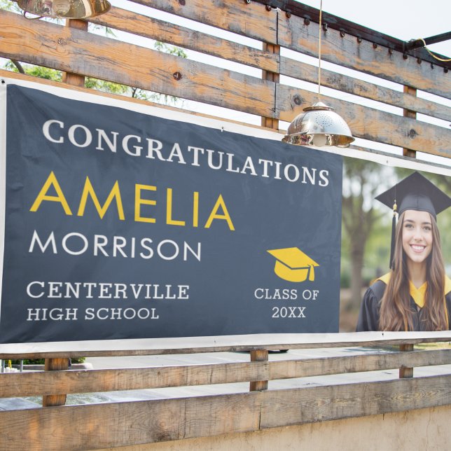 Navy Blue Gold Graduate Photo Graduation Banner (Creator Uploaded)