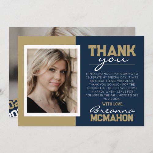 Navy Blue  Gold Graduation 2 Photo Thank You Card