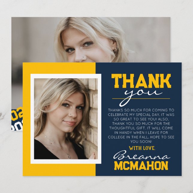 Navy Blue & Gold Graduation 2 Photo Thank You Card (Front/Back)