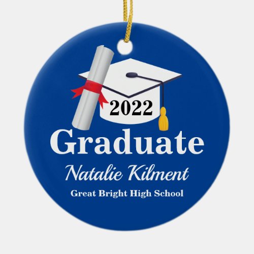 Navy Blue Gold Graduation Cap Class of 2022 Photo Ceramic Ornament