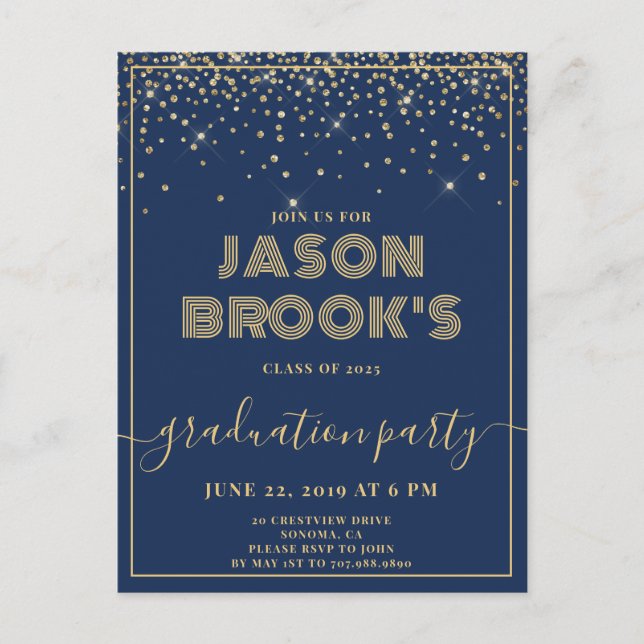 Navy Blue Gold Graduation Invitations (Front)
