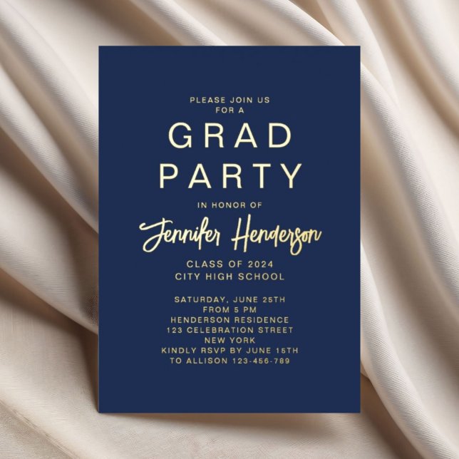 Navy Blue Gold Graduation Party Foil Invitation (Navy Blue Gold Graduation Party Foil Invitation)
